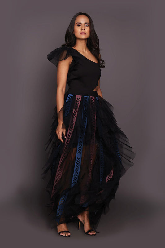 Black Multi One Shoulder Ruffled Dress With Cutwork