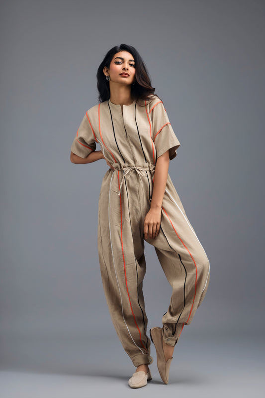 BEIGE ZIP-FRONT JUMPSUIT WITH NEON CONTRAST PIPING