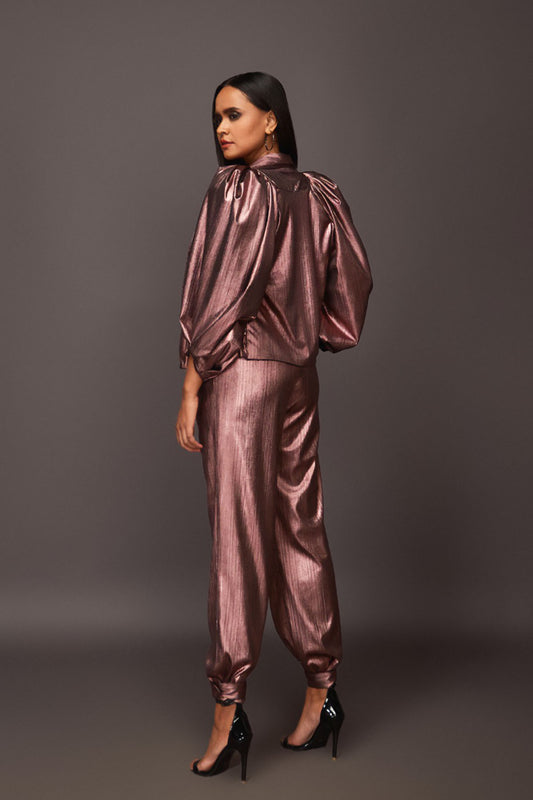 Copper Metallic Foil Jacket And Pants Set Comes With Bustier And Sash Belt