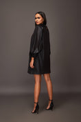 Load image into Gallery viewer, Black Close Neck With Pleating Detail Metallic Foil Short Dress

