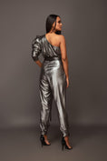 Load image into Gallery viewer, Grey One Shoulder Puffed Sleeve Metallic Foil Jumpsuit With Sash Belt
