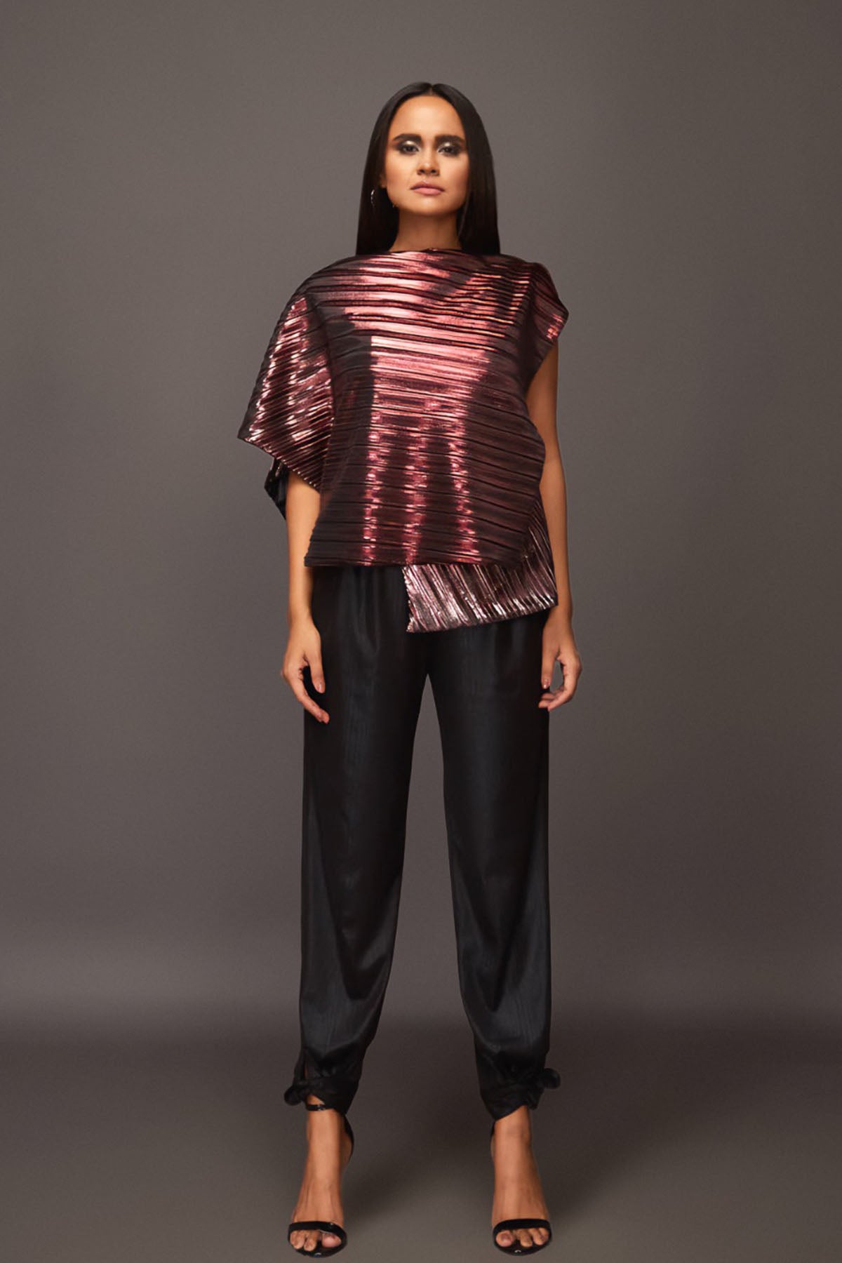 Rust Pleated Metallic Hi Low Overlap Tunic