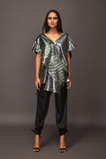 Load image into Gallery viewer, Silver & Green Pleated Metallic Overlap Drape Top
