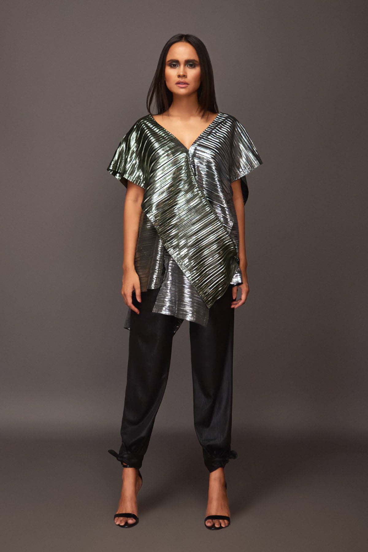 Silver & Green Pleated Metallic Overlap Drape Top