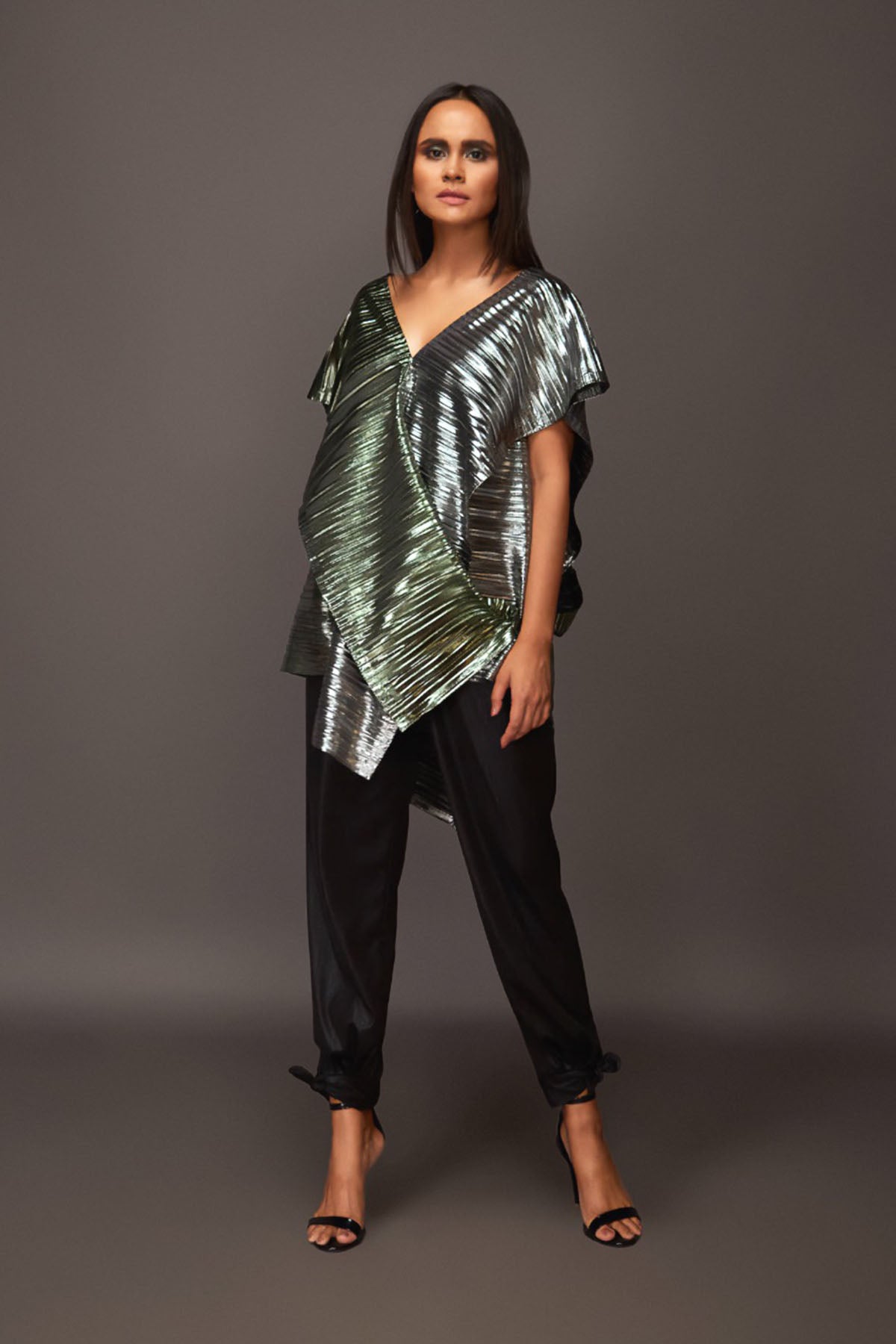 Silver & Green Pleated Metallic Overlap Drape Top