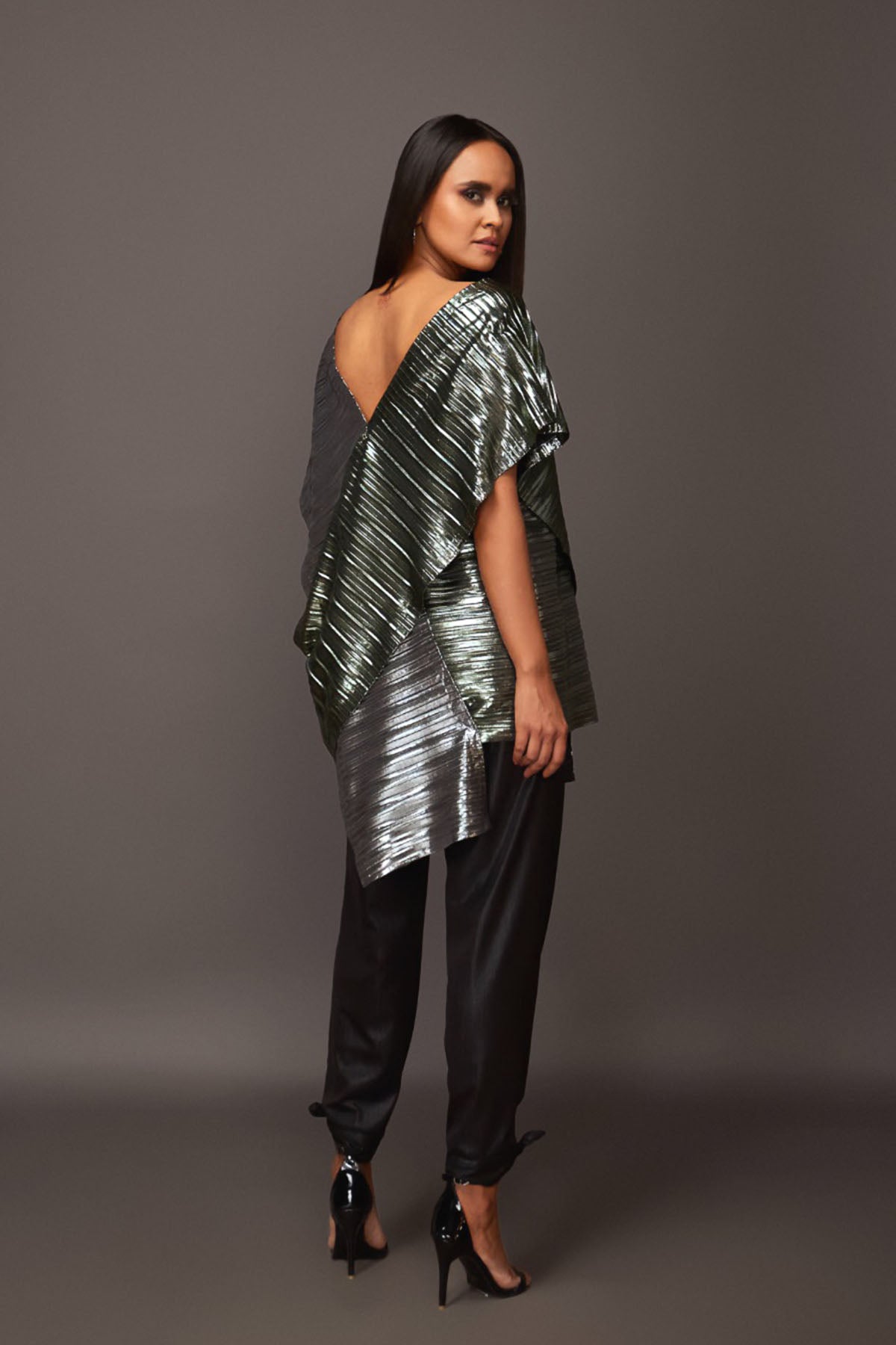 Silver & Green Pleated Metallic Overlap Drape Top