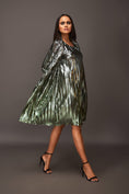 Load image into Gallery viewer, Silver & Green Pleated Metallic Mini Dress With Attached Jacket Look
