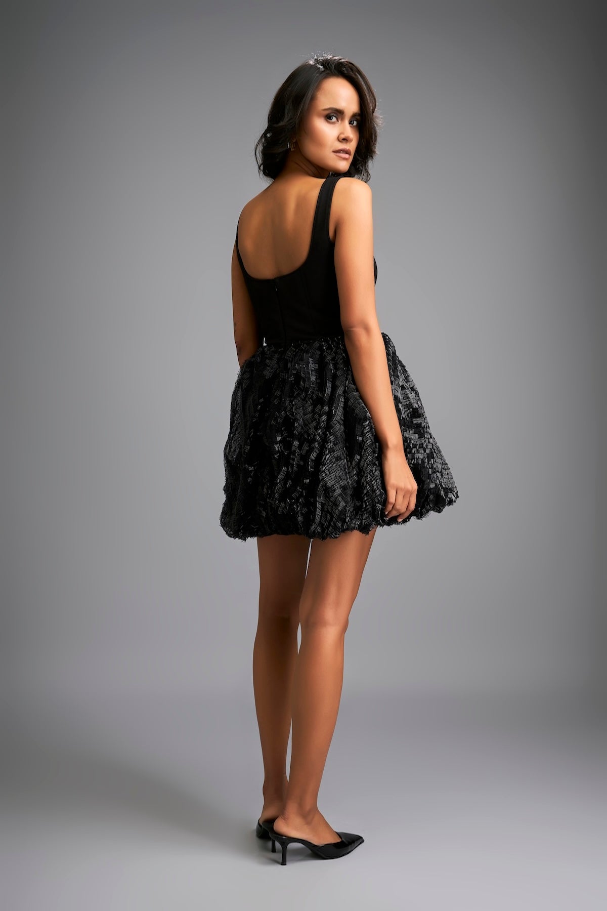 embroidered shimmer mini dress Mini Dress with Shimmer Embroidered Bubble Skirt XS / Black / Scuba & Roma