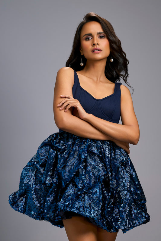 Navy Blue Mini Dress with Shimmer Embroidered Bubble Skirt