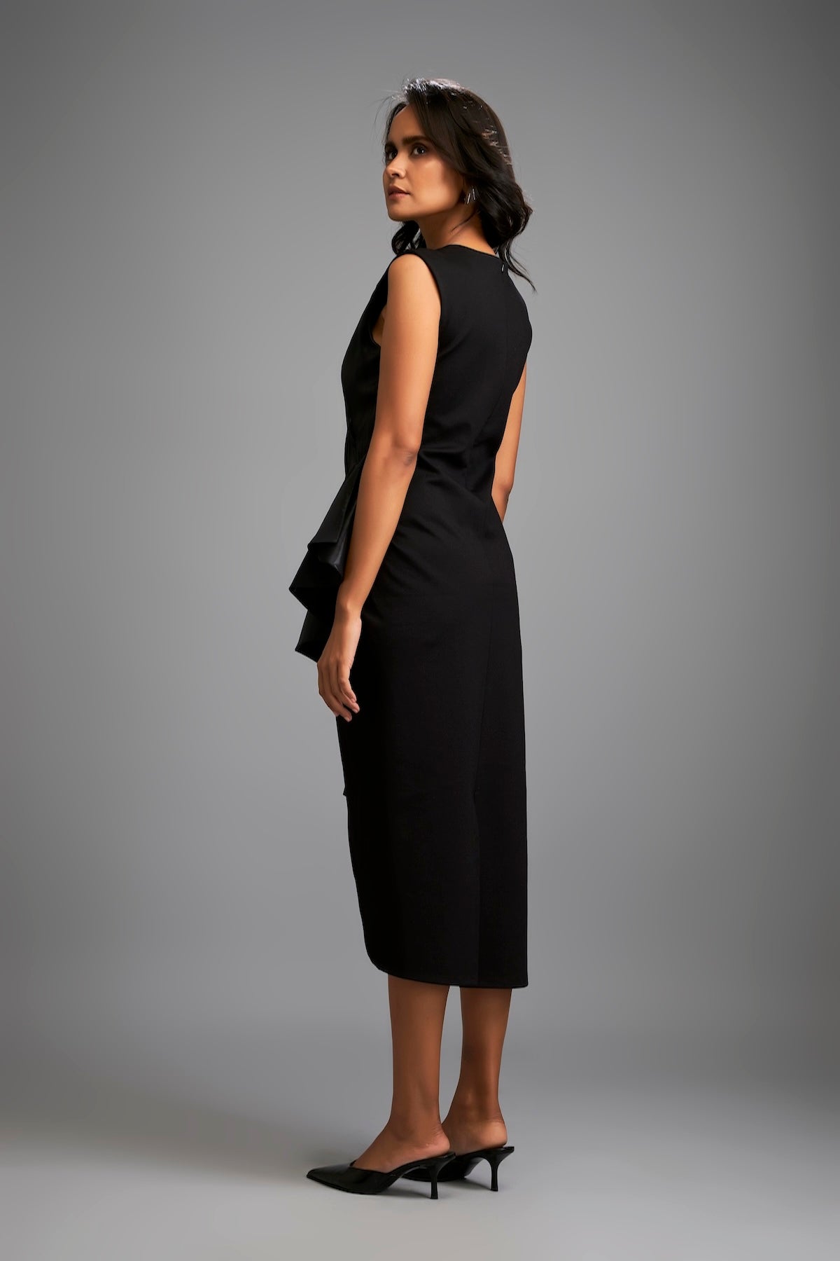 Asymmetrical Black Dress with Ruched Side and Ruffles