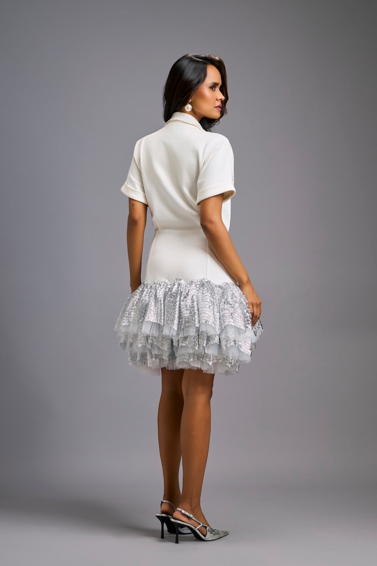 Silver Lapel Jacket Dress with Layered Shimmer Embroidered