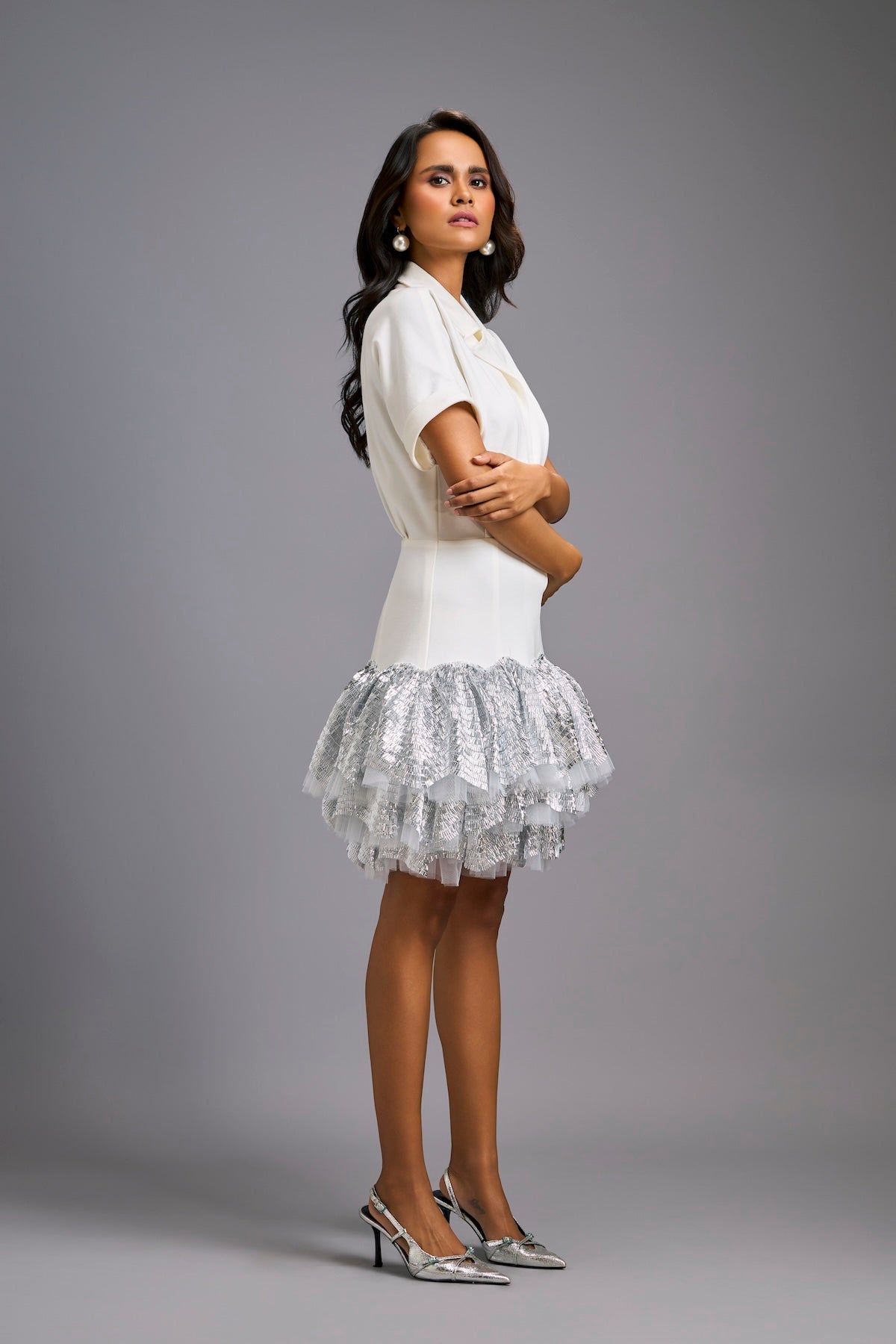 Silver Lapel Jacket Dress with Layered Shimmer Embroidered