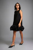 Load image into Gallery viewer, Sleeveless Black Mini Dress with Ruffled Shimmer Hemline
