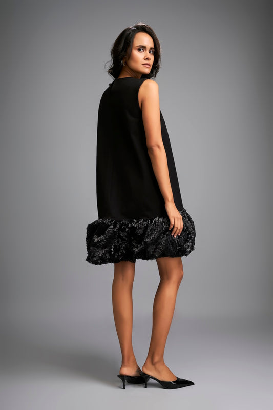 Sleeveless Black Mini Dress with Ruffled Shimmer Hemline