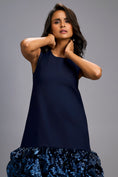 Load image into Gallery viewer, Sleeveless Navy Blue Mini Dress with Ruffled Shimmer Hemline
