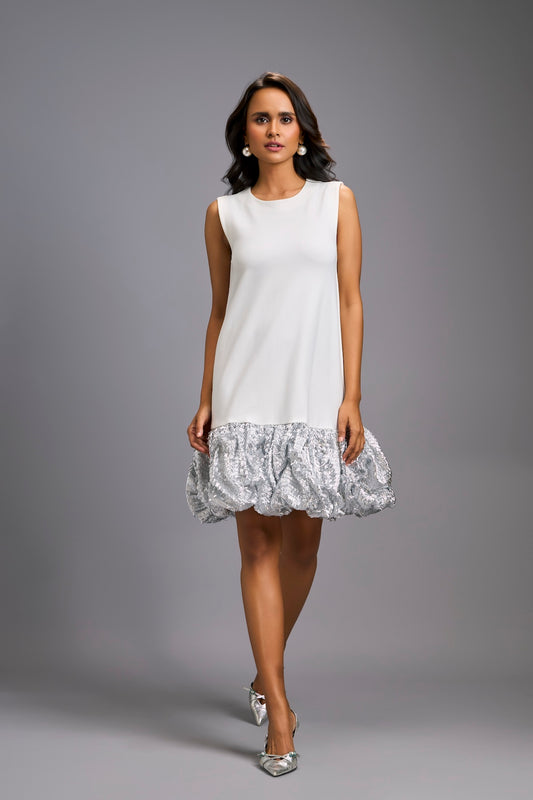 Sleeveless Silver Mini Dress with Ruffled Shimmer Hemline