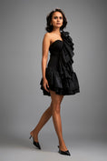 Load image into Gallery viewer, Asymmetrical Black Mini Dress with Dramatic Ruffles and Tiered Skirt
