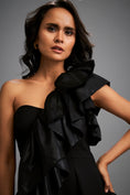 Load image into Gallery viewer, Asymmetrical Black Mini Dress with Dramatic Ruffles and Tiered Skirt
