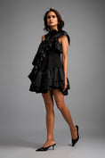 Load image into Gallery viewer, Asymmetrical Black Mini Dress with Dramatic Ruffles and Tiered Skirt
