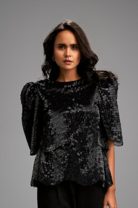 Textured Black Shimmer Top with Sculptural Shoulder Detailing