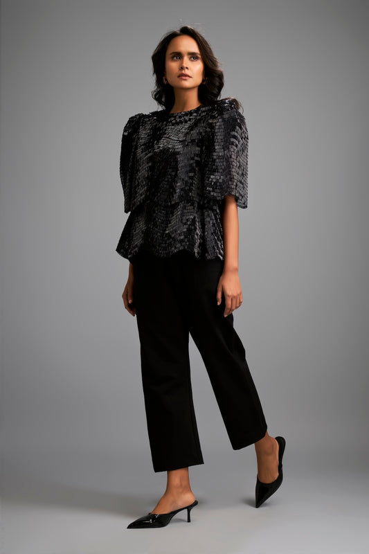 Textured Black Shimmer Top with Sculptural Shoulder Detailing