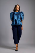 Load image into Gallery viewer, Textured Navy Blue Shimmer Top with Sculptural Shoulders and Cropped Pants
