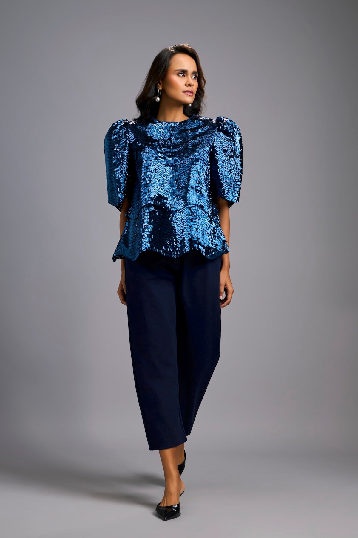 Textured Navy Blue Shimmer Top with Sculptural Shoulders and Cropped Pants