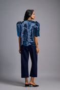 Load image into Gallery viewer, Textured Navy Blue Shimmer Top with Sculptural Shoulders and Cropped Pants
