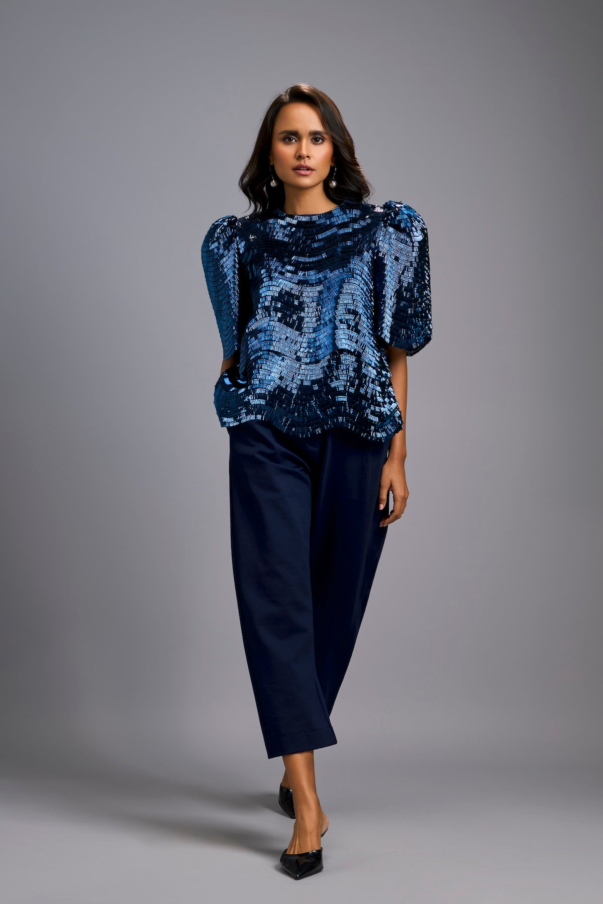 Textured Navy Blue Shimmer Top with Sculptural Shoulders and Cropped Pants
