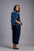 Load image into Gallery viewer, Textured Navy Blue Shimmer Top with Sculptural Shoulders and Cropped Pants
