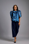 Load image into Gallery viewer, Textured Navy Blue Shimmer Top with Sculptural Shoulders and Cropped Pants
