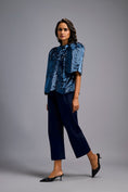 Load image into Gallery viewer, Textured Navy Blue Shimmer Top with Sculptural Shoulders and Cropped Pants
