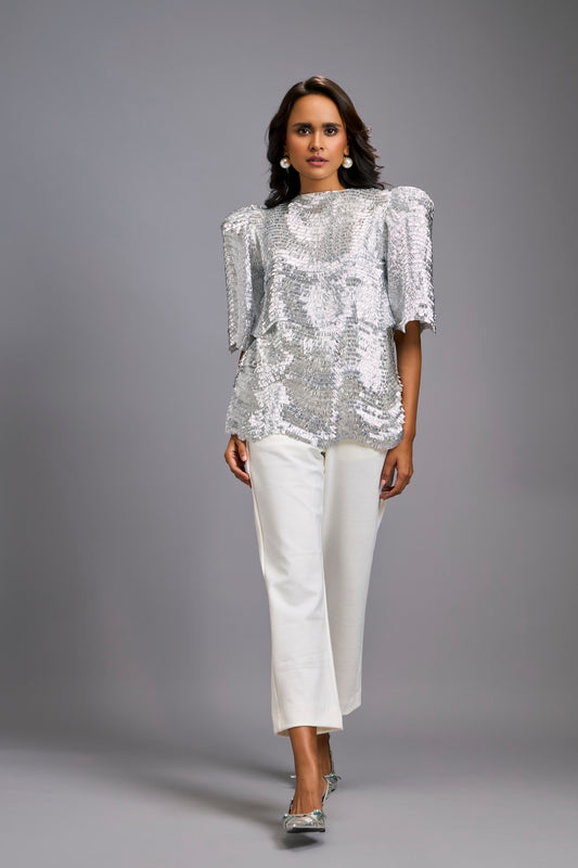 Textured Silver Shimmer Top with Sculptural Shoulders and Cropped Pants