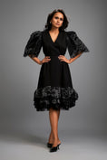 Load image into Gallery viewer, Black Midi Dress with Shimmer Sleeves and Tiered Skirt
