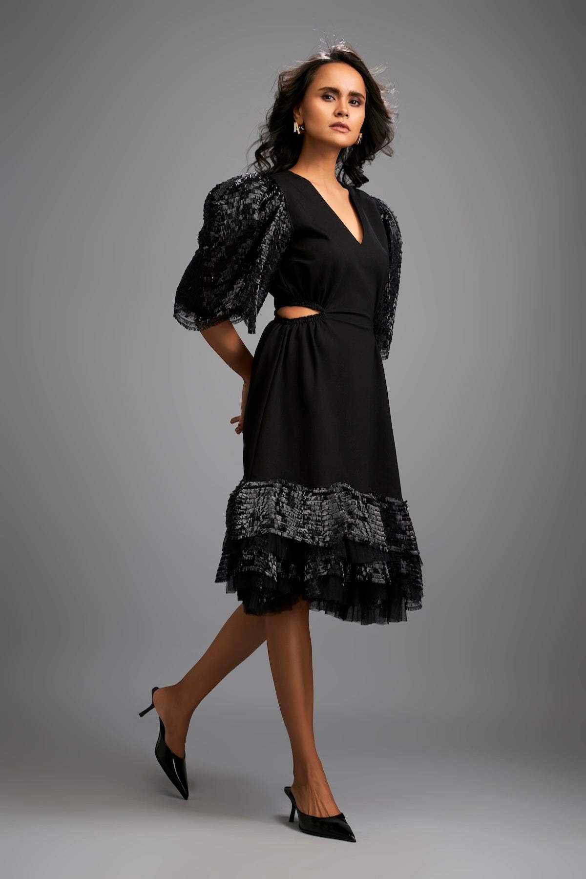 Black Midi Dress with Shimmer Sleeves and Tiered Skirt