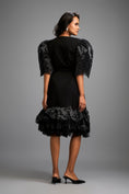 Load image into Gallery viewer, Black Midi Dress with Shimmer Sleeves and Tiered Skirt
