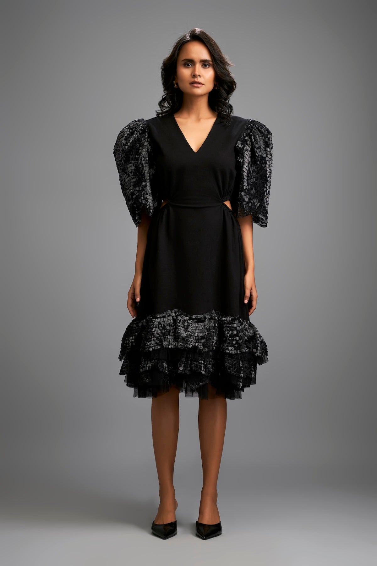 Black Midi Dress with Shimmer Sleeves and Tiered Skirt