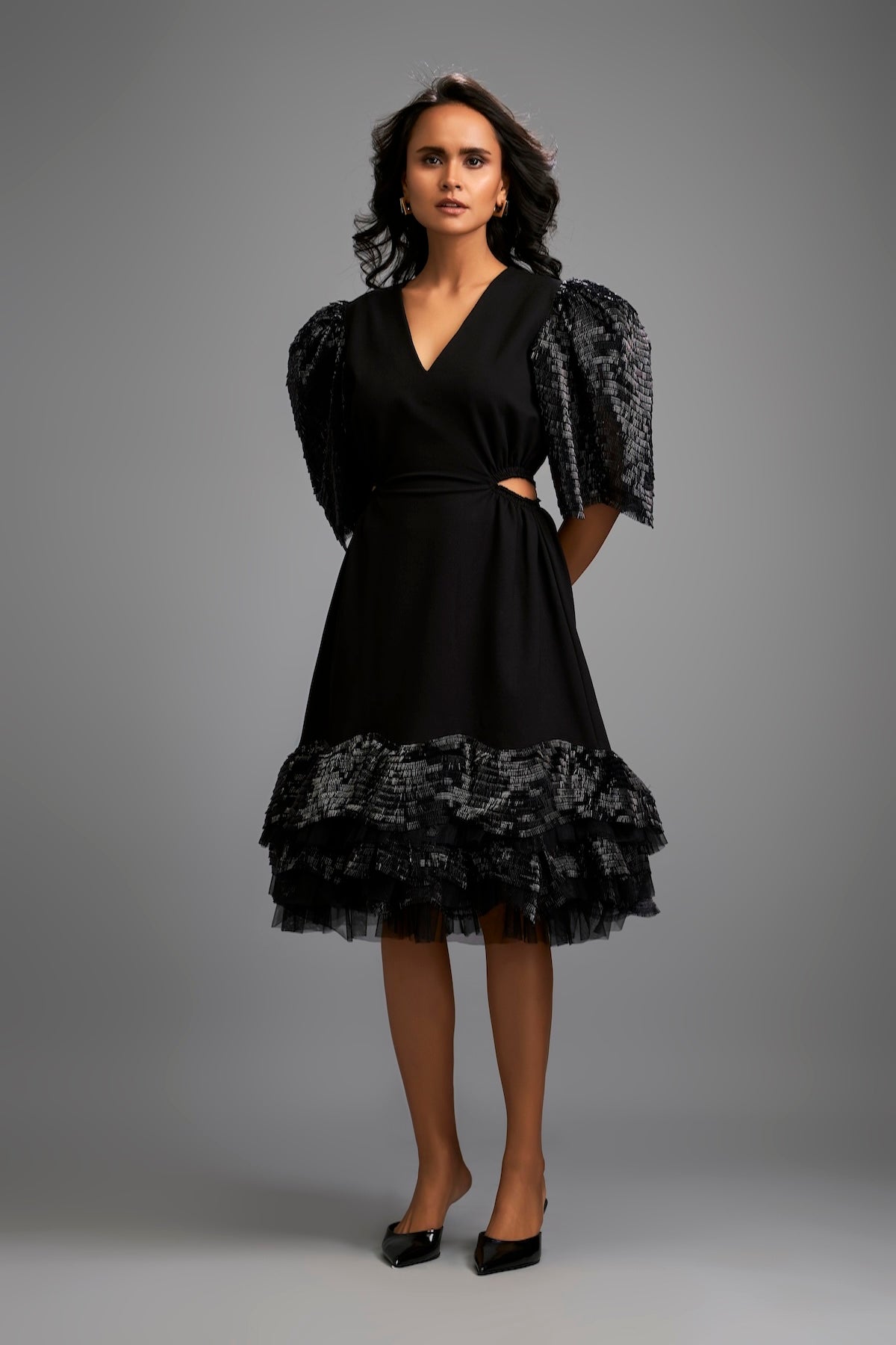 Black Midi Dress with Shimmer Sleeves and Tiered Skirt