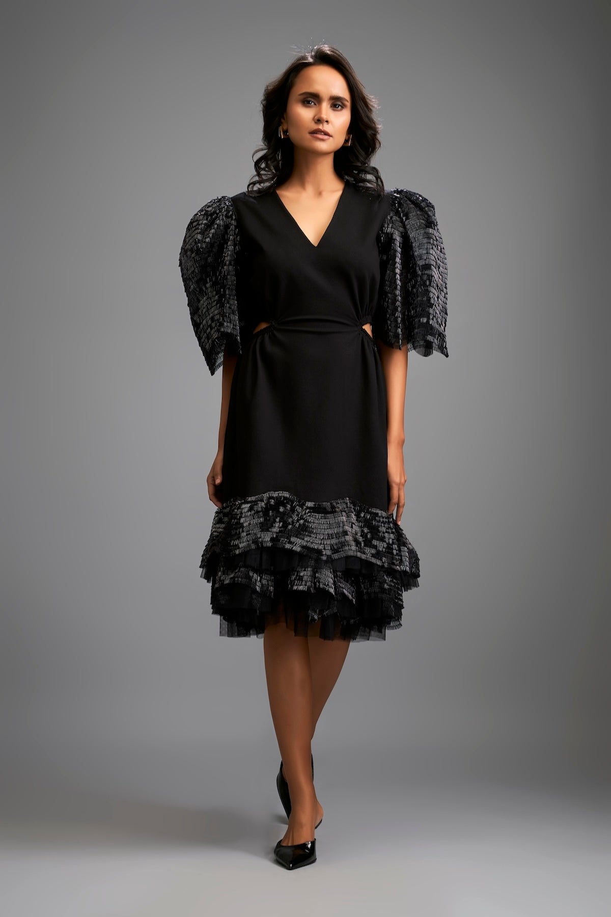 Black Midi Dress with Shimmer Sleeves and Tiered Skirt