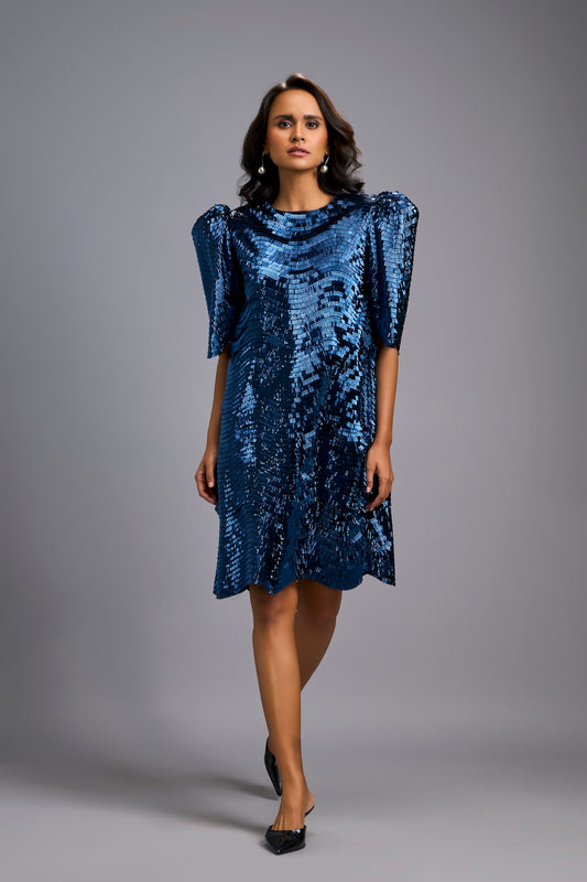 Navy Blue Shimmer Knee-Length Dress with Round Neckline