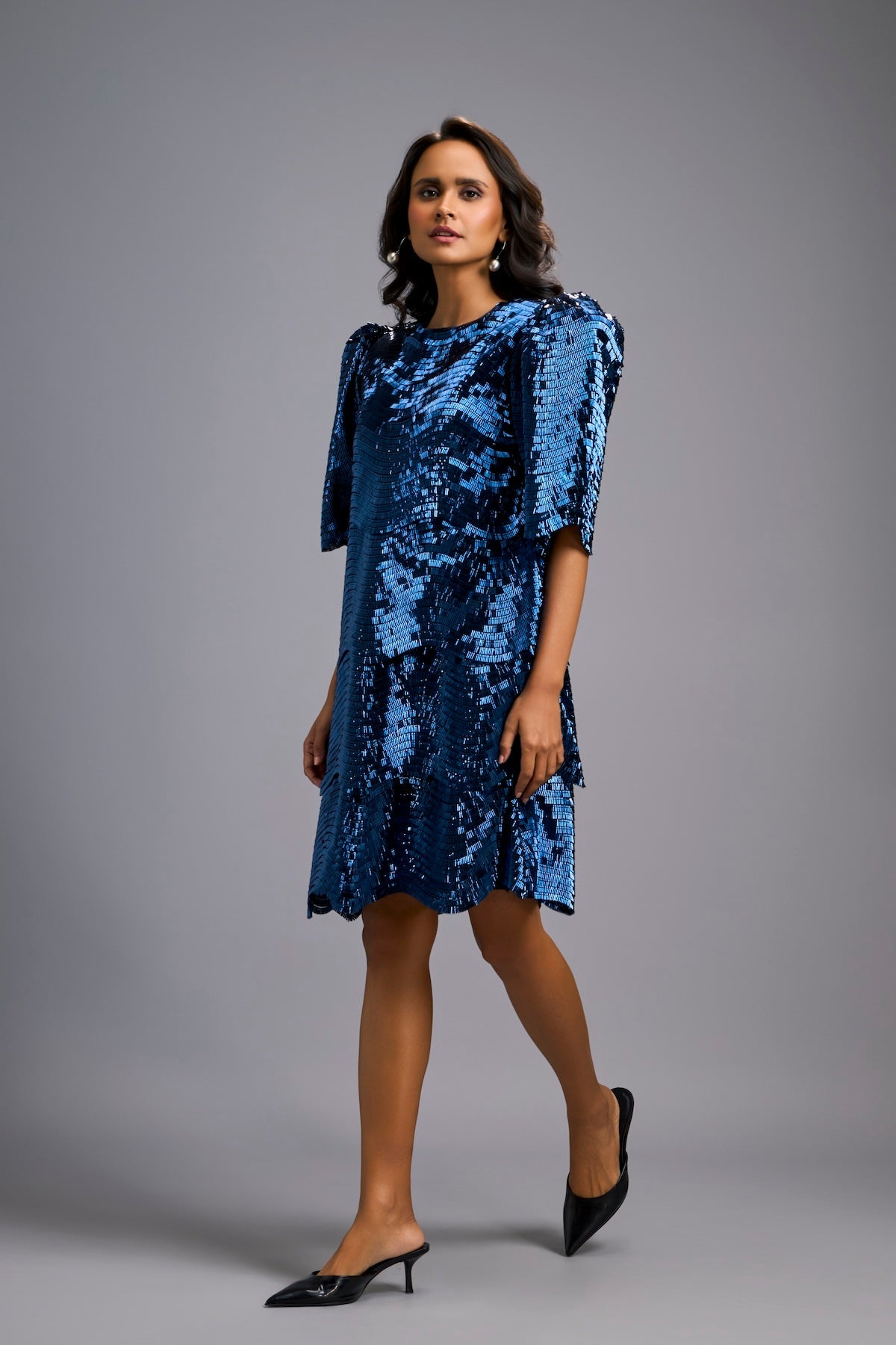 Navy Blue Shimmer Knee-Length Dress with Round Neckline