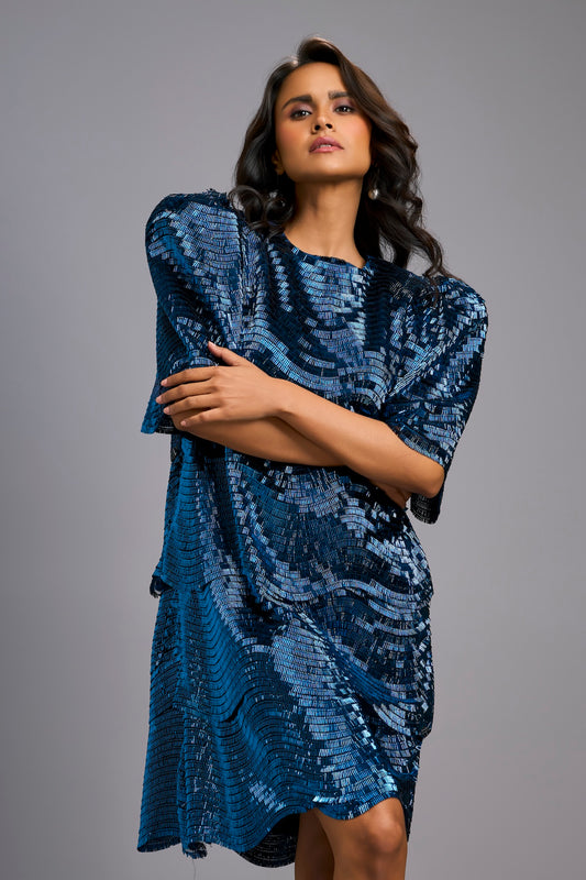 Navy Blue Shimmer Knee-Length Dress with Round Neckline