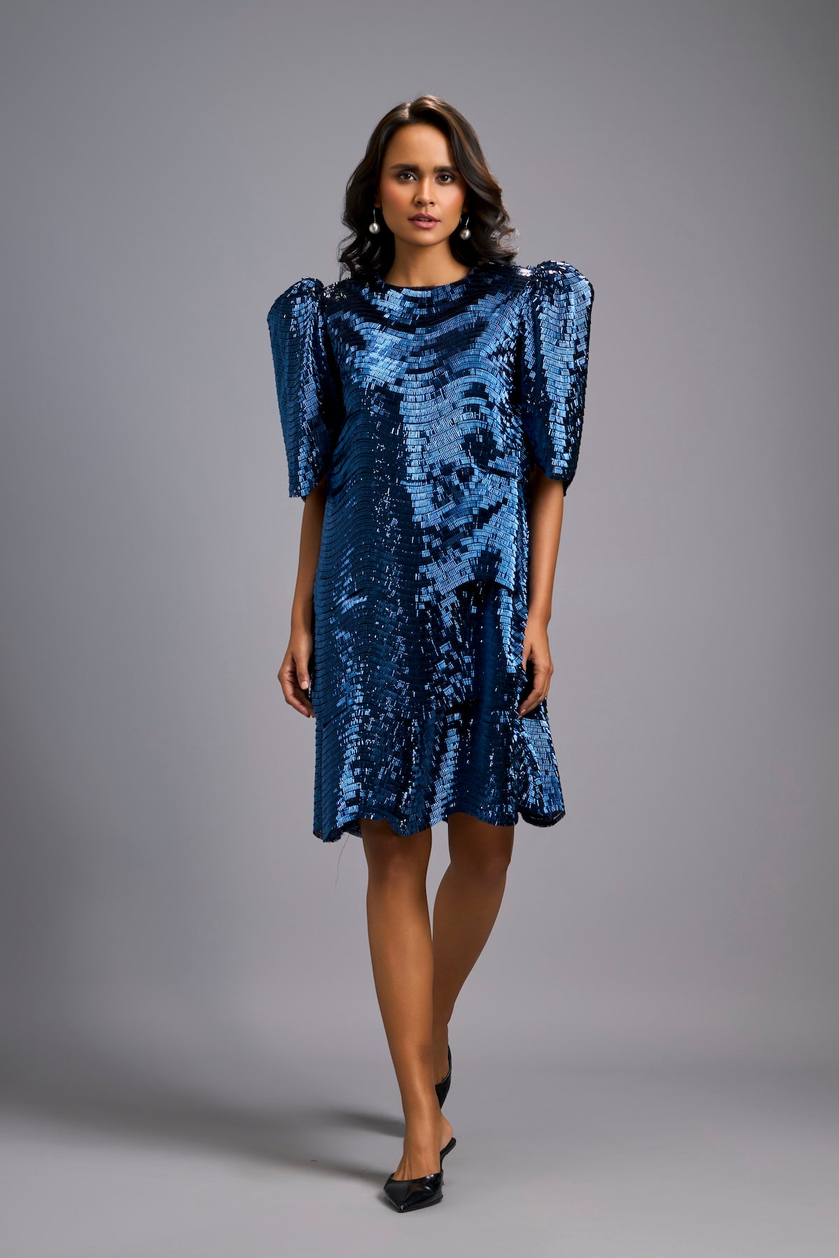 Navy Blue Shimmer Knee-Length Dress with Round Neckline