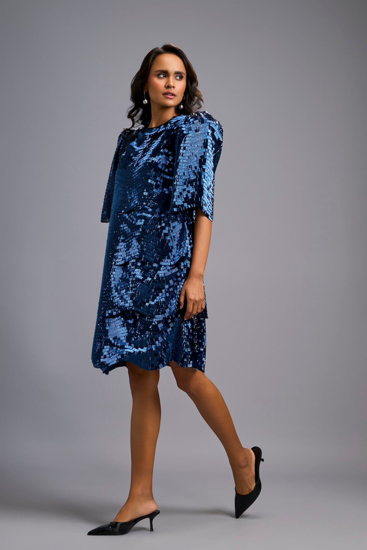 Navy Blue Shimmer Knee-Length Dress with Round Neckline