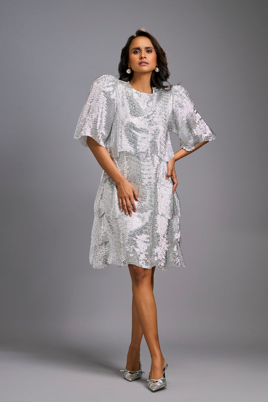 Silver Shimmer Knee-Length Dress with Round Neckline