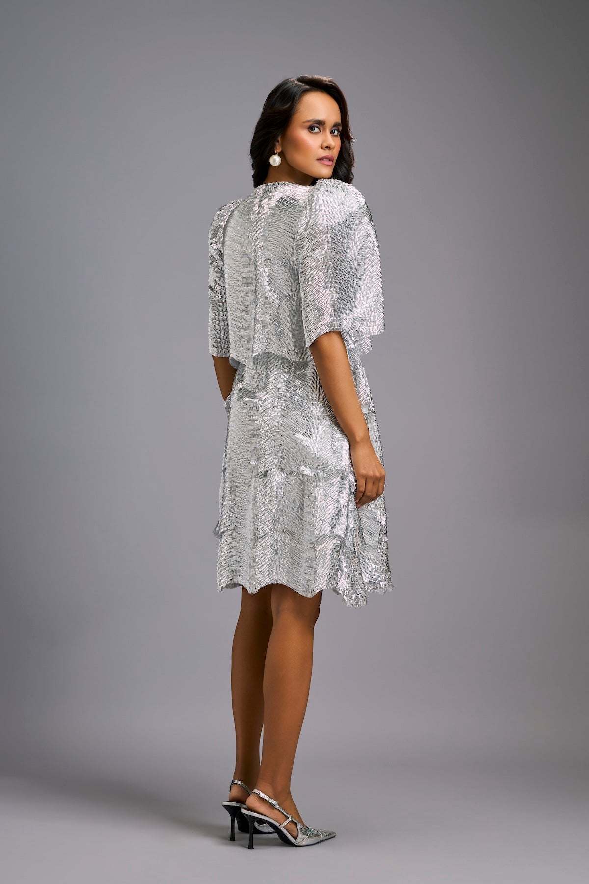 Silver Shimmer Knee-Length Dress with Round Neckline
