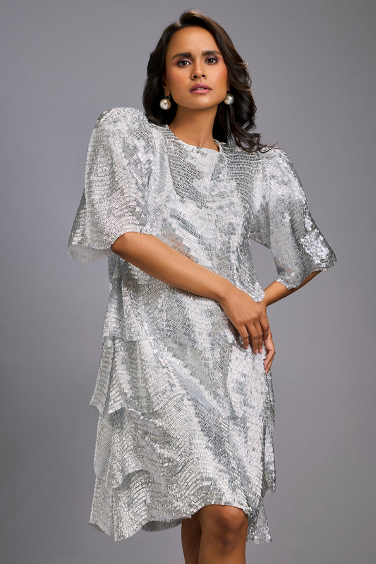 Silver Shimmer Knee-Length Dress with Round Neckline