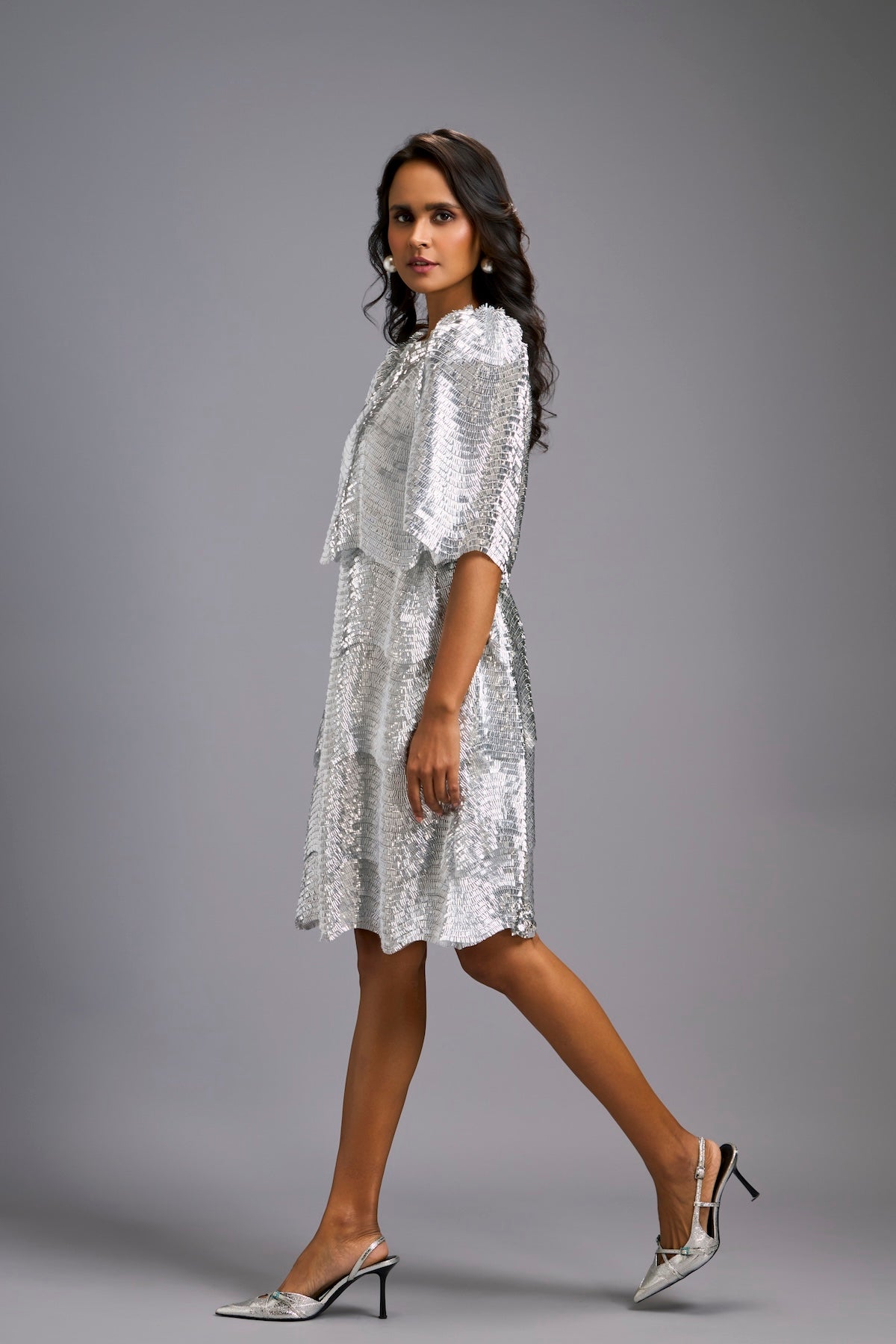 Silver Shimmer Knee-Length Dress with Round Neckline