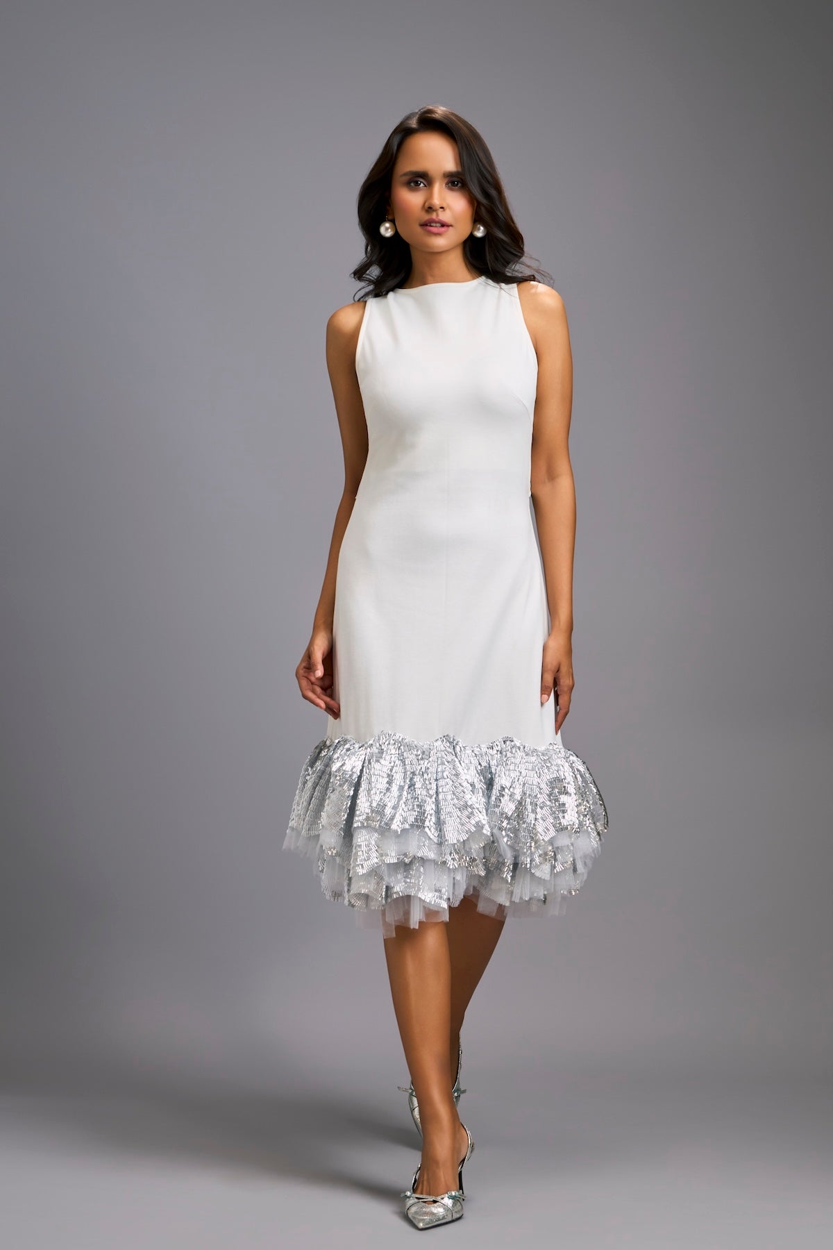 Sleeveless Silver Midi Dress with Cut-Out Back