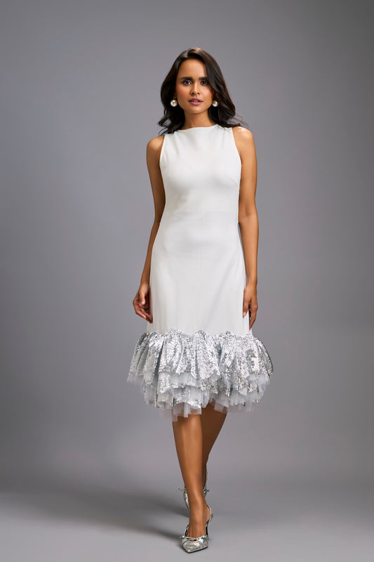 Sleeveless Silver Midi Dress with Cut-Out Back